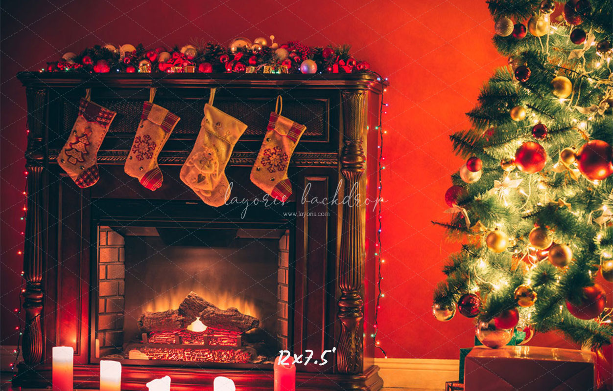 Red Wall Stove Socks Christmas Backdrop - Layoris