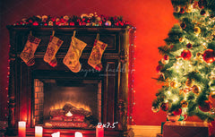 Red Wall Stove Socks Christmas Backdrop - Layoris