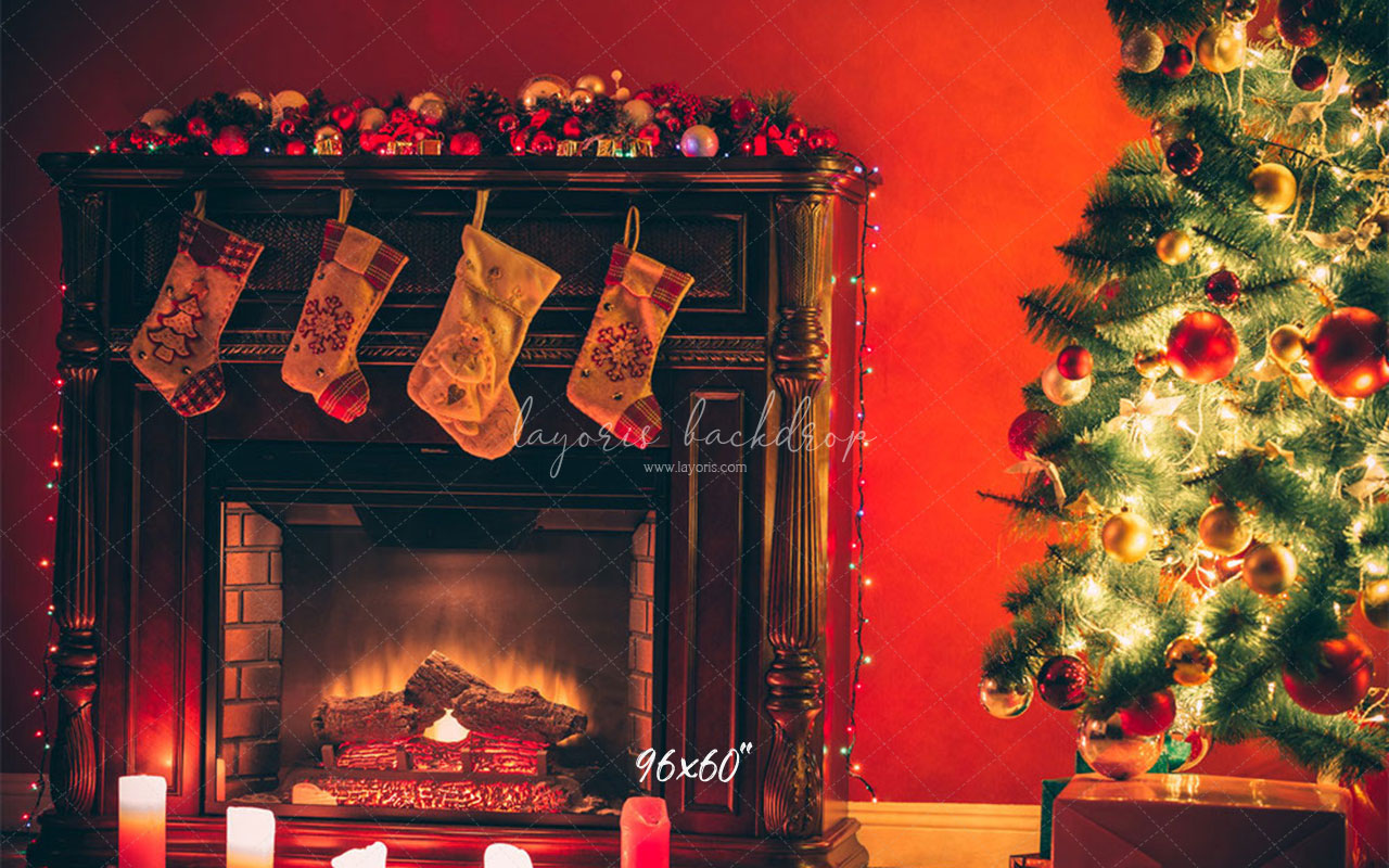Red Wall Stove Socks Christmas Backdrop - Layoris