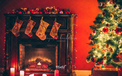 Red Wall Stove Socks Christmas Backdrop - Layoris