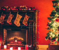 Red Wall Stove Socks Christmas Backdrop - Layoris