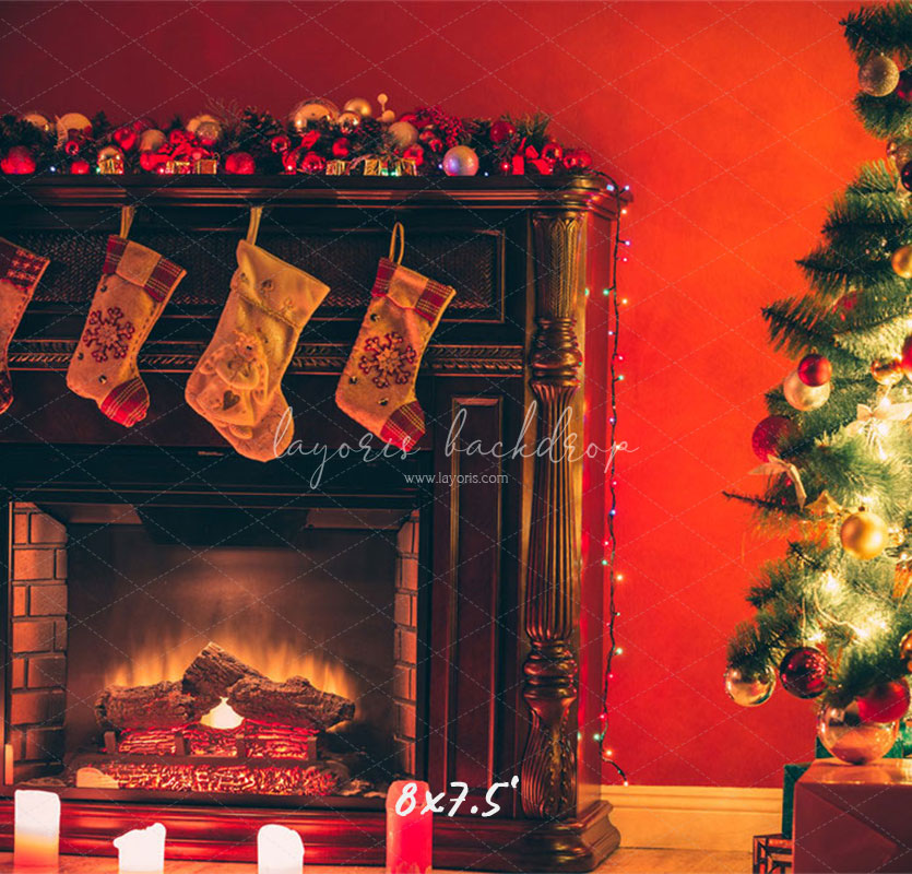 Red Wall Stove Socks Christmas Backdrop - Layoris
