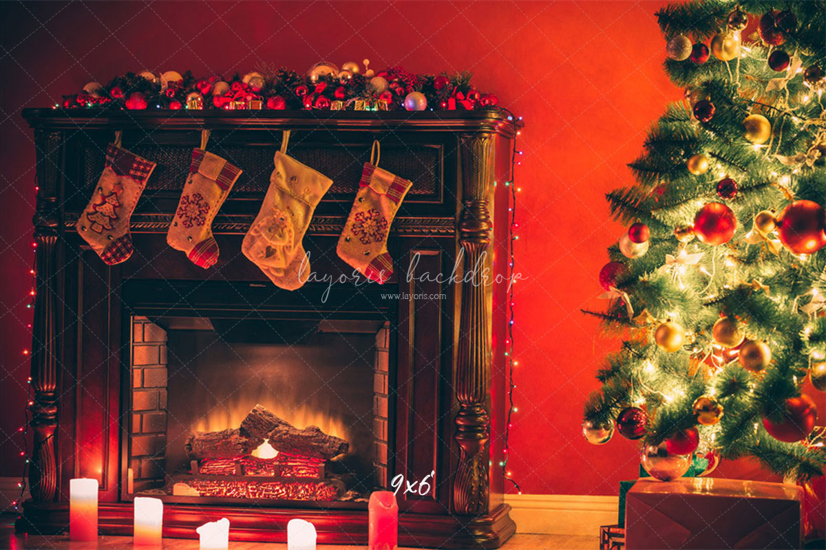 Red Wall Stove Socks Christmas Backdrop - Layoris