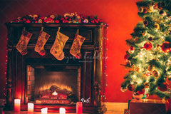 Red Wall Stove Socks Christmas Backdrop - Layoris