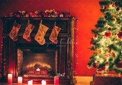 Red Wall Stove Socks Christmas Backdrop - Layoris