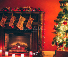 Red Wall Stove Socks Christmas Backdrop - Layoris