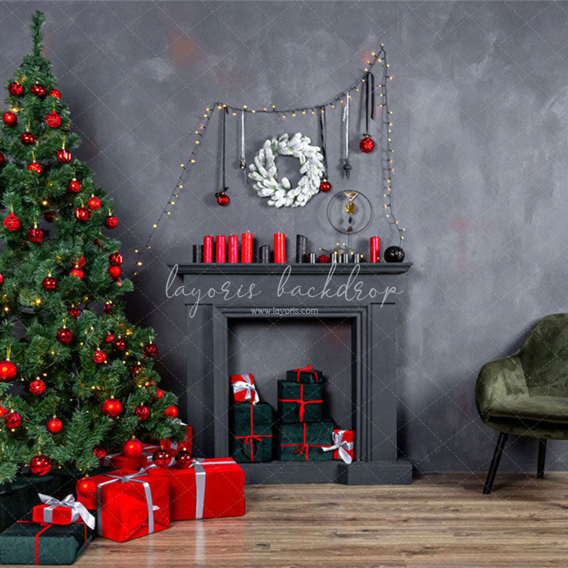 Dark Gray Wall Fireplace Christmas Backdrop - Layoris
