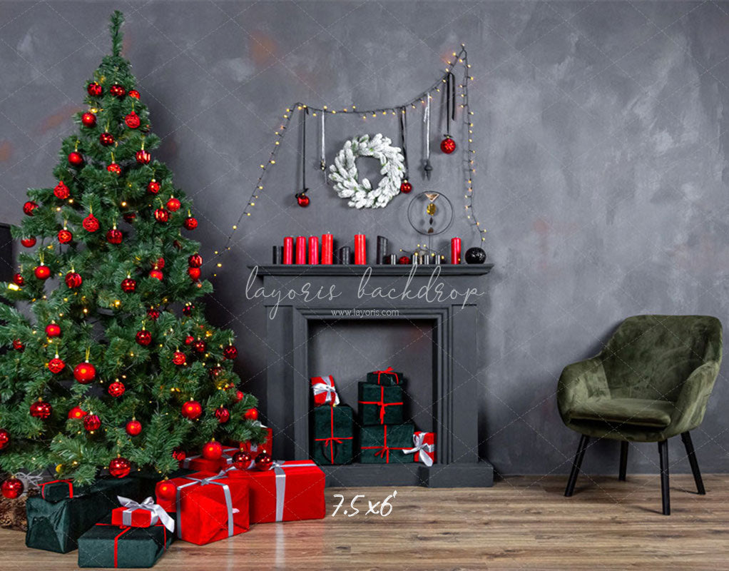 Dark Gray Wall Fireplace Christmas Backdrop - Layoris