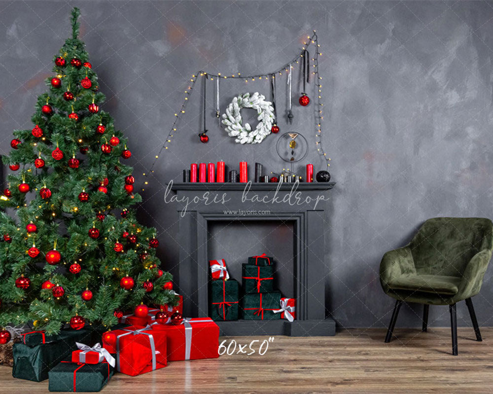 Dark Gray Wall Fireplace Christmas Backdrop - Layoris