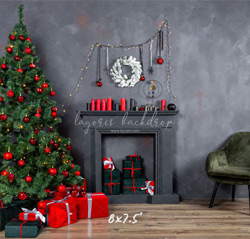 Dark Gray Wall Fireplace Christmas Backdrop - Layoris