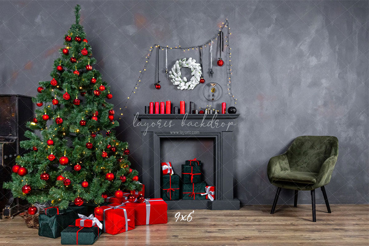 Dark Gray Wall Fireplace Christmas Backdrop - Layoris