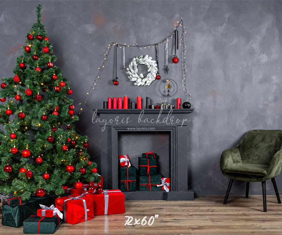 Dark Gray Wall Fireplace Christmas Backdrop - Layoris