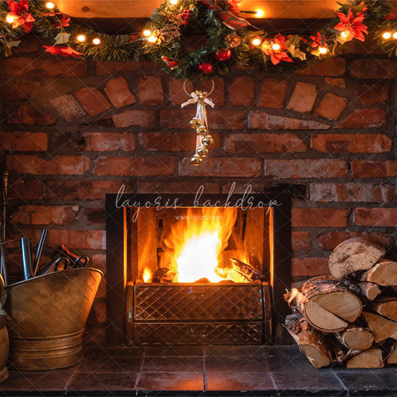 Brick Fireplace Christmas Party Backdrop - Layoris