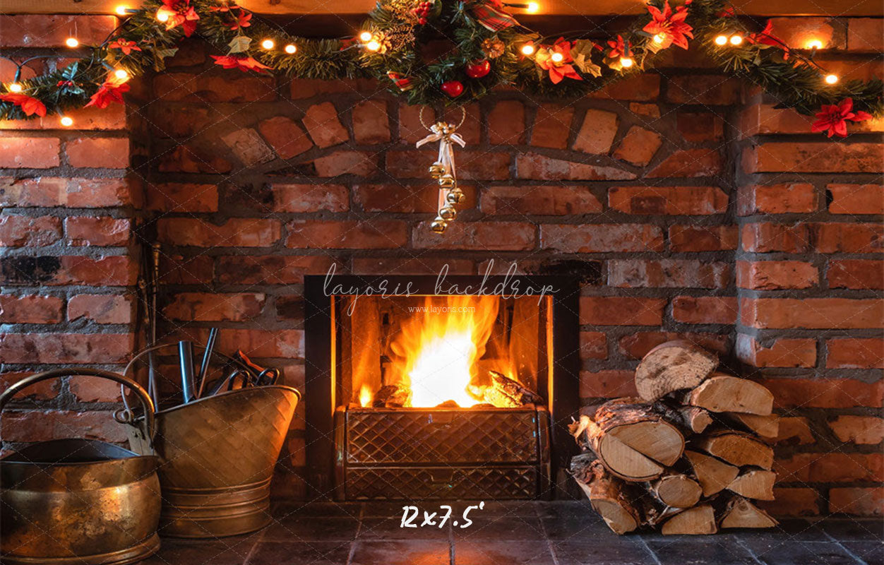 Brick Fireplace Christmas Party Backdrop - Layoris
