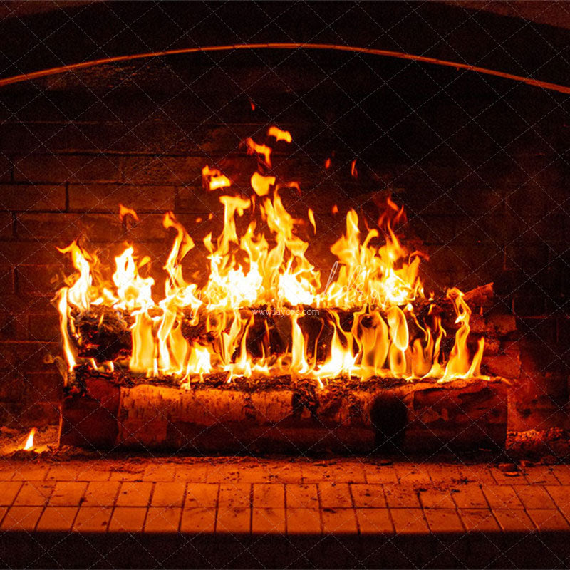 Burning Brick Fireplace Christmas Party Backdrop - Layoris
