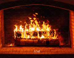 Burning Brick Fireplace Christmas Party Backdrop - Layoris