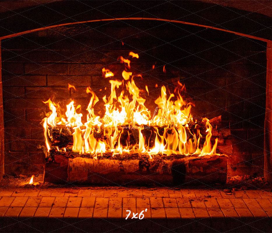 Burning Brick Fireplace Christmas Party Backdrop - Layoris