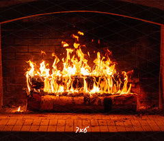 Burning Brick Fireplace Christmas Party Backdrop - Layoris
