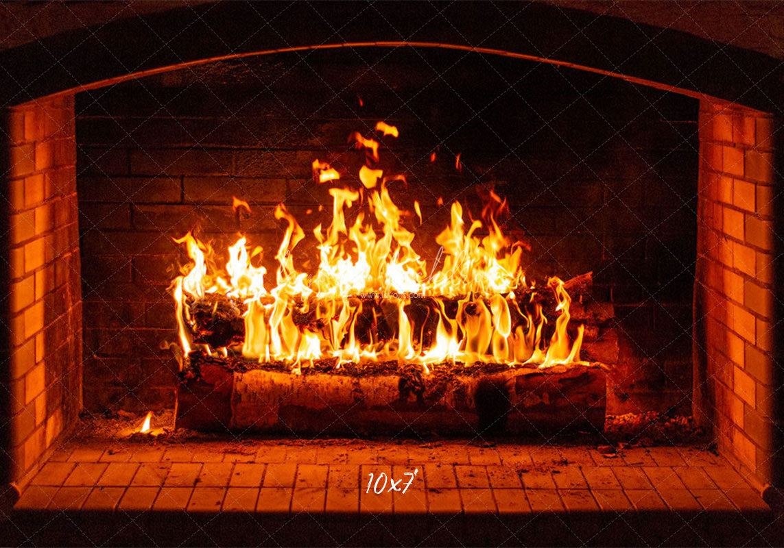 Burning Brick Fireplace Christmas Party Backdrop - Layoris
