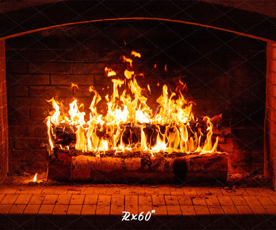 Burning Brick Fireplace Christmas Party Backdrop - Layoris