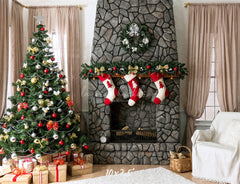 Stone Fireplace Curtain Christmas Backdrop - Layoris