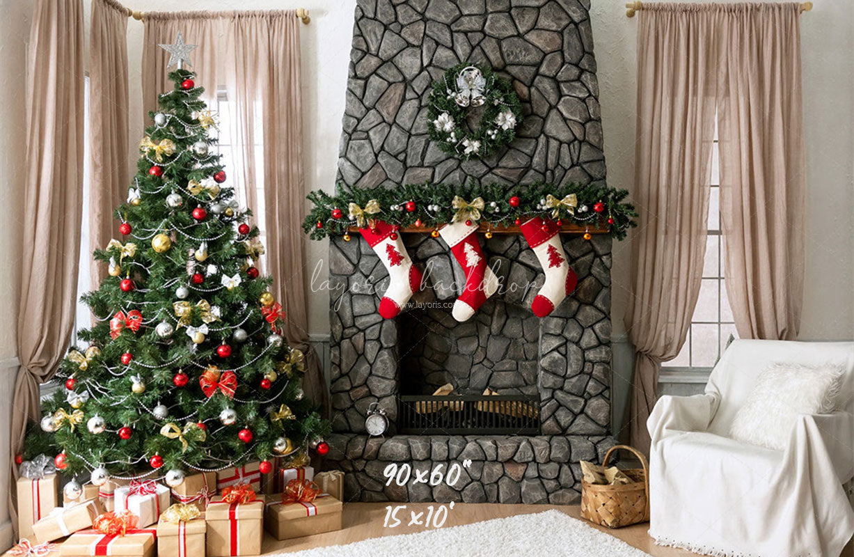 Stone Fireplace Curtain Christmas Backdrop - Layoris