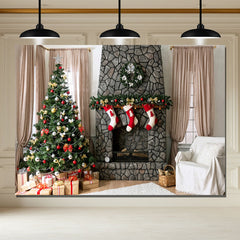 Layoris Stone Fireplace Curtain Christmas Backdrop