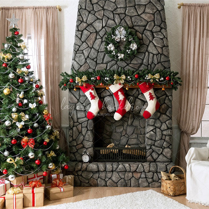 Stone Fireplace Curtain Christmas Backdrop - Layoris