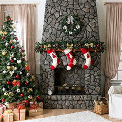 Stone Fireplace Curtain Christmas Backdrop - Layoris