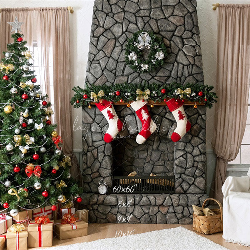 Stone Fireplace Curtain Christmas Backdrop - Layoris