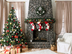 Stone Fireplace Curtain Christmas Backdrop - Layoris
