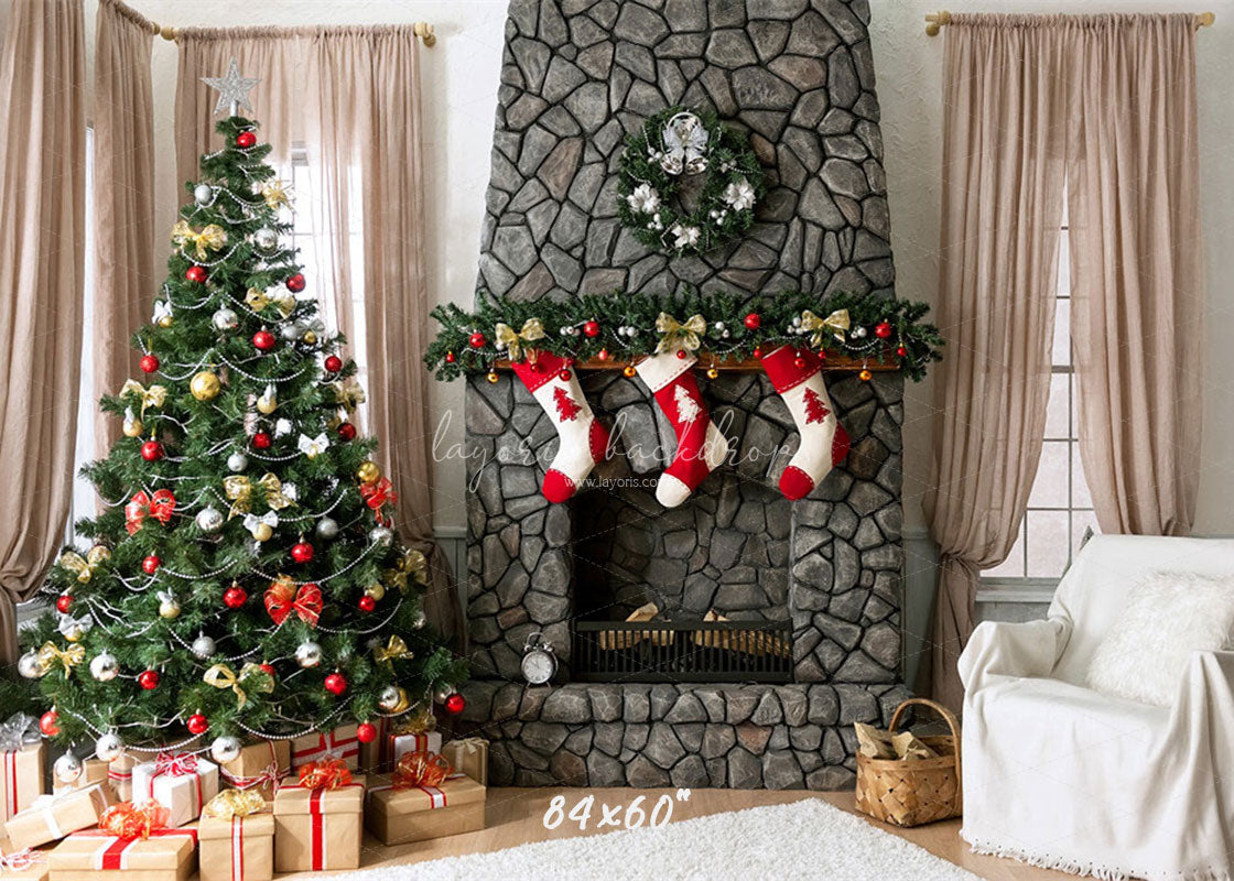 Stone Fireplace Curtain Christmas Backdrop - Layoris