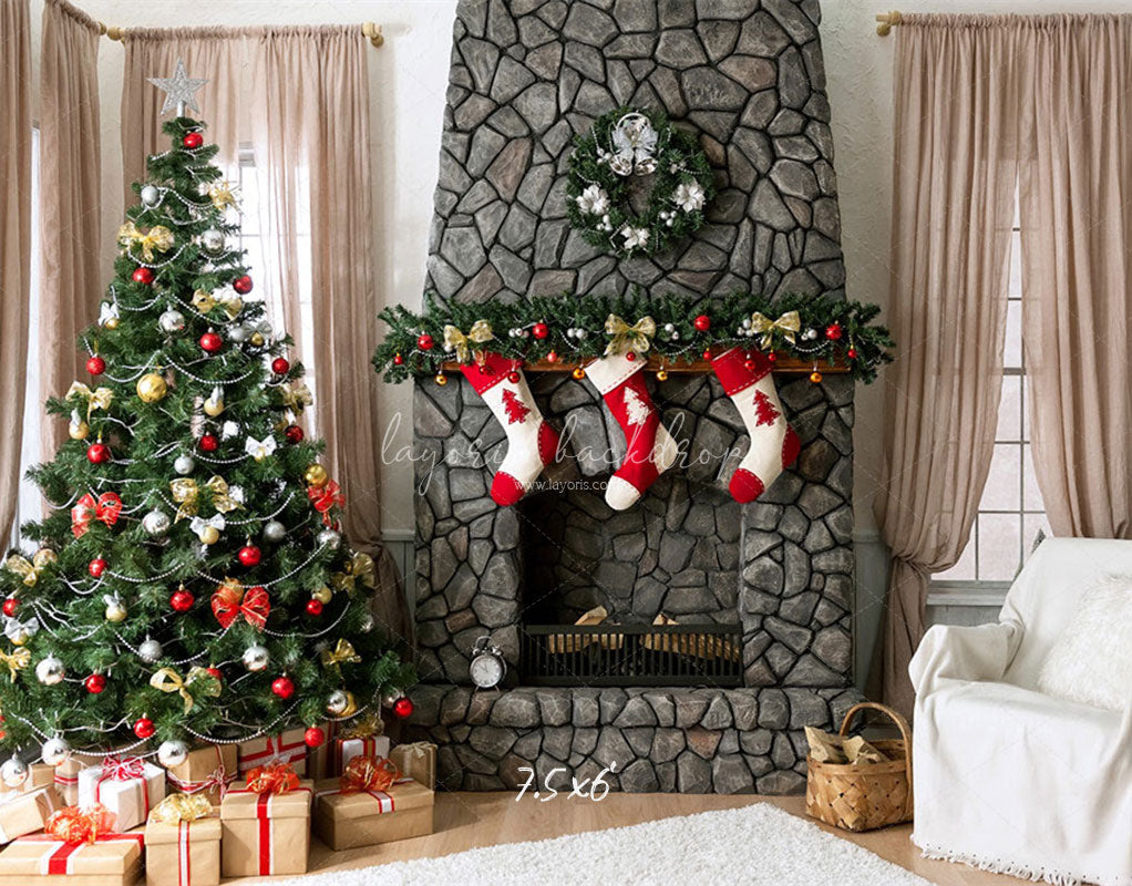Stone Fireplace Curtain Christmas Backdrop - Layoris