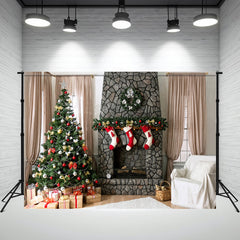 Layoris Stone Fireplace Curtain Christmas Backdrop