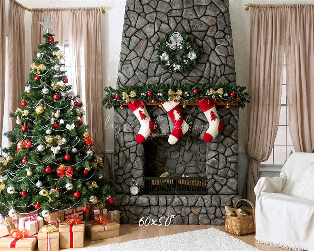 Stone Fireplace Curtain Christmas Backdrop - Layoris