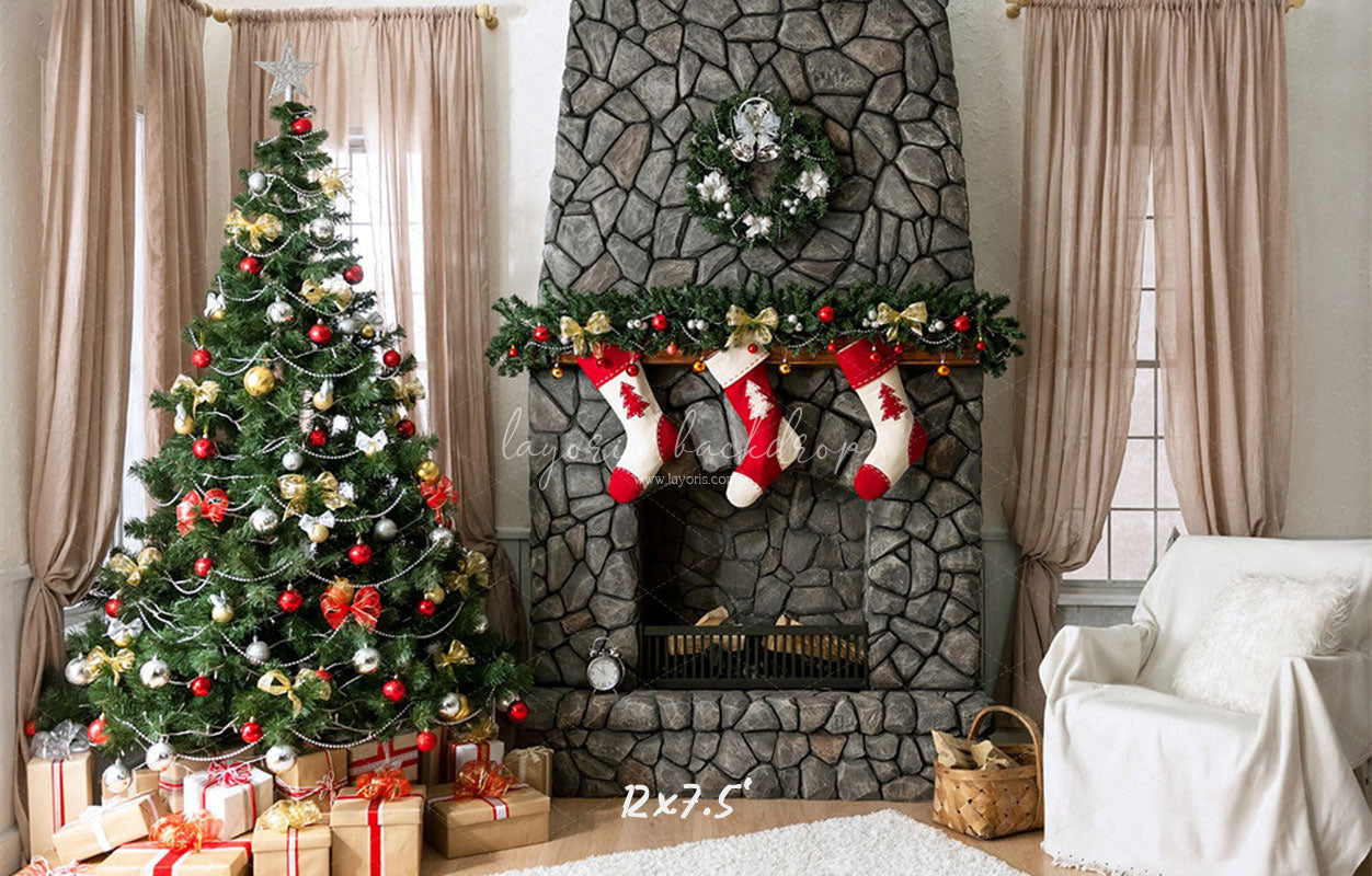 Stone Fireplace Curtain Christmas Backdrop - Layoris