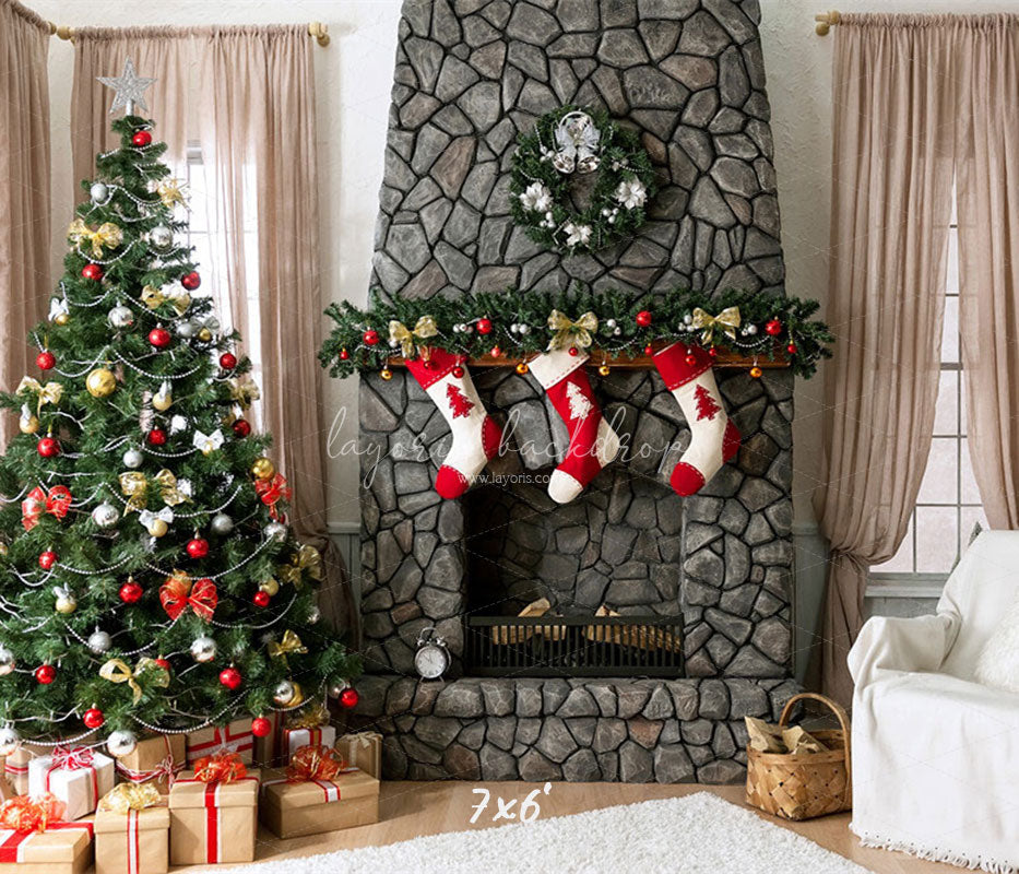 Stone Fireplace Curtain Christmas Backdrop - Layoris