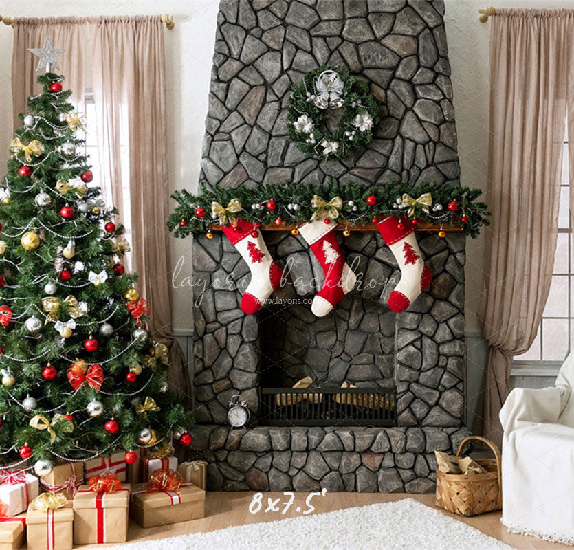 Stone Fireplace Curtain Christmas Backdrop - Layoris