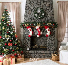 Stone Fireplace Curtain Christmas Backdrop - Layoris