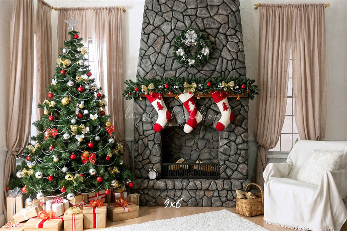 Stone Fireplace Curtain Christmas Backdrop - Layoris