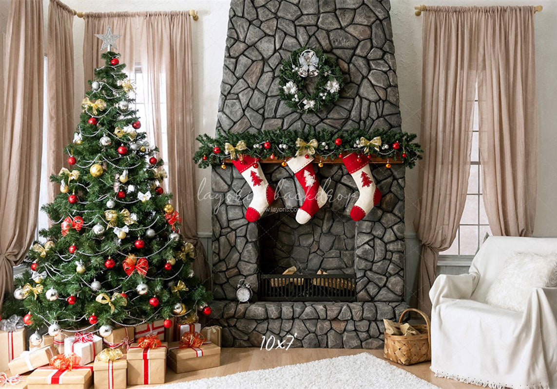 Stone Fireplace Curtain Christmas Backdrop - Layoris