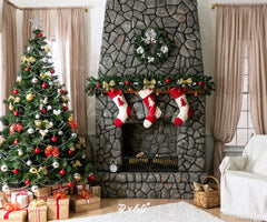 Stone Fireplace Curtain Christmas Backdrop - Layoris