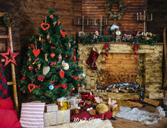 Wood Fireplace Christmas Tree Holiday Backdrop - Layoris