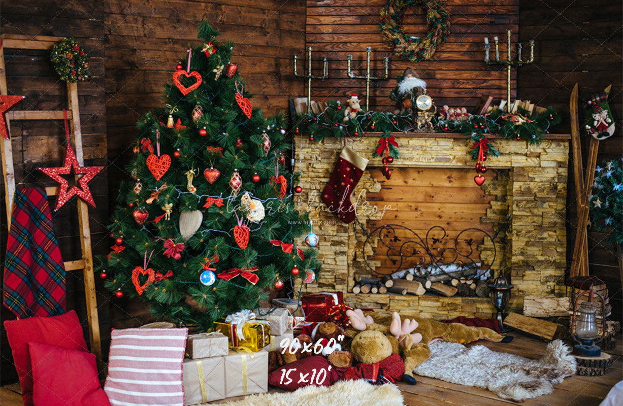 Wood Fireplace Christmas Tree Holiday Backdrop - Layoris