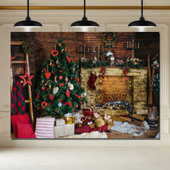 Layoris Wood Fireplace Christmas Tree Holiday Backdrop