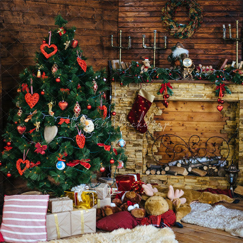Wood Fireplace Christmas Tree Holiday Backdrop - Layoris