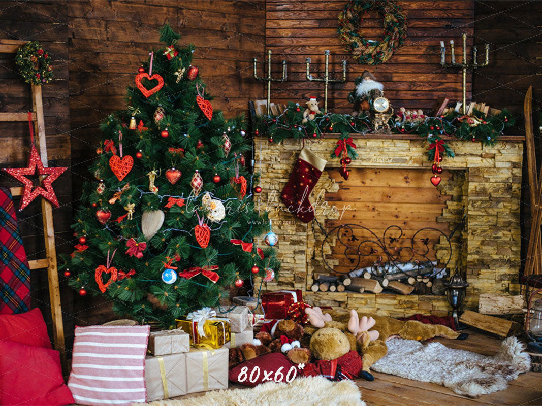 Wood Fireplace Christmas Tree Holiday Backdrop - Layoris