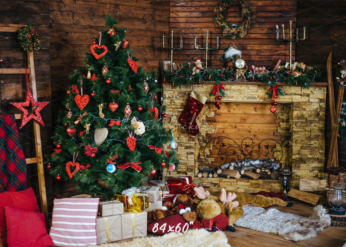 Wood Fireplace Christmas Tree Holiday Backdrop - Layoris