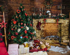 Wood Fireplace Christmas Tree Holiday Backdrop - Layoris