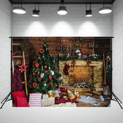 Layoris Wood Fireplace Christmas Tree Holiday Backdrop